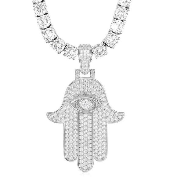 VVS1 Moissanite Diamond Hamsa Hand Evil Eye Protection Pendant Necklace Silver - Picture 1 of 6